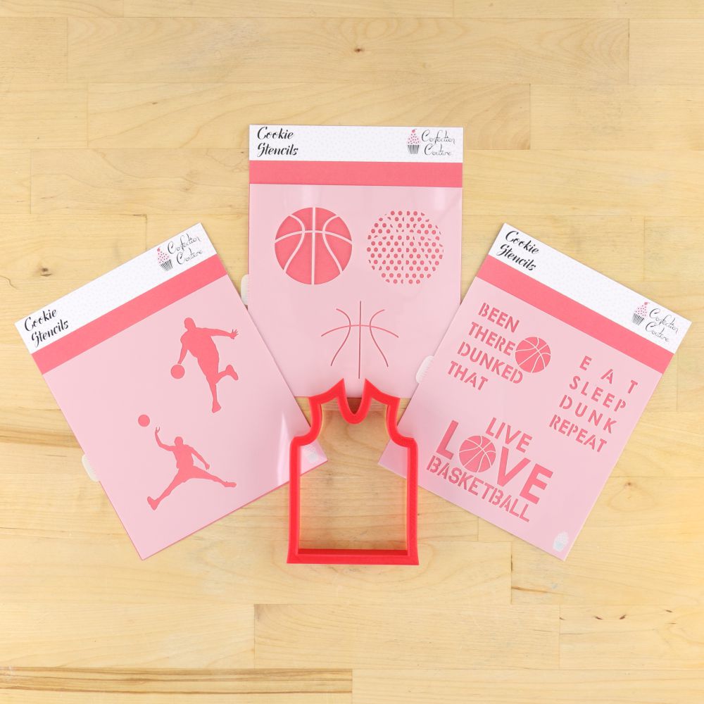 Basketball cookie stencil bundle featuring multiple designs, including basketballs and fun quotes, in pink plastic.