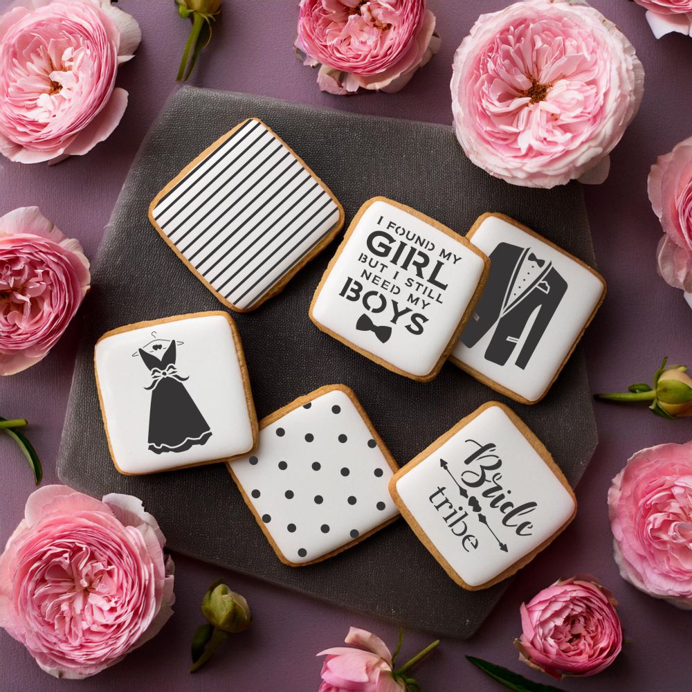 Wedding-themed cookie stencils featuring bride and groom designs on decorated cookies with pink peonies.