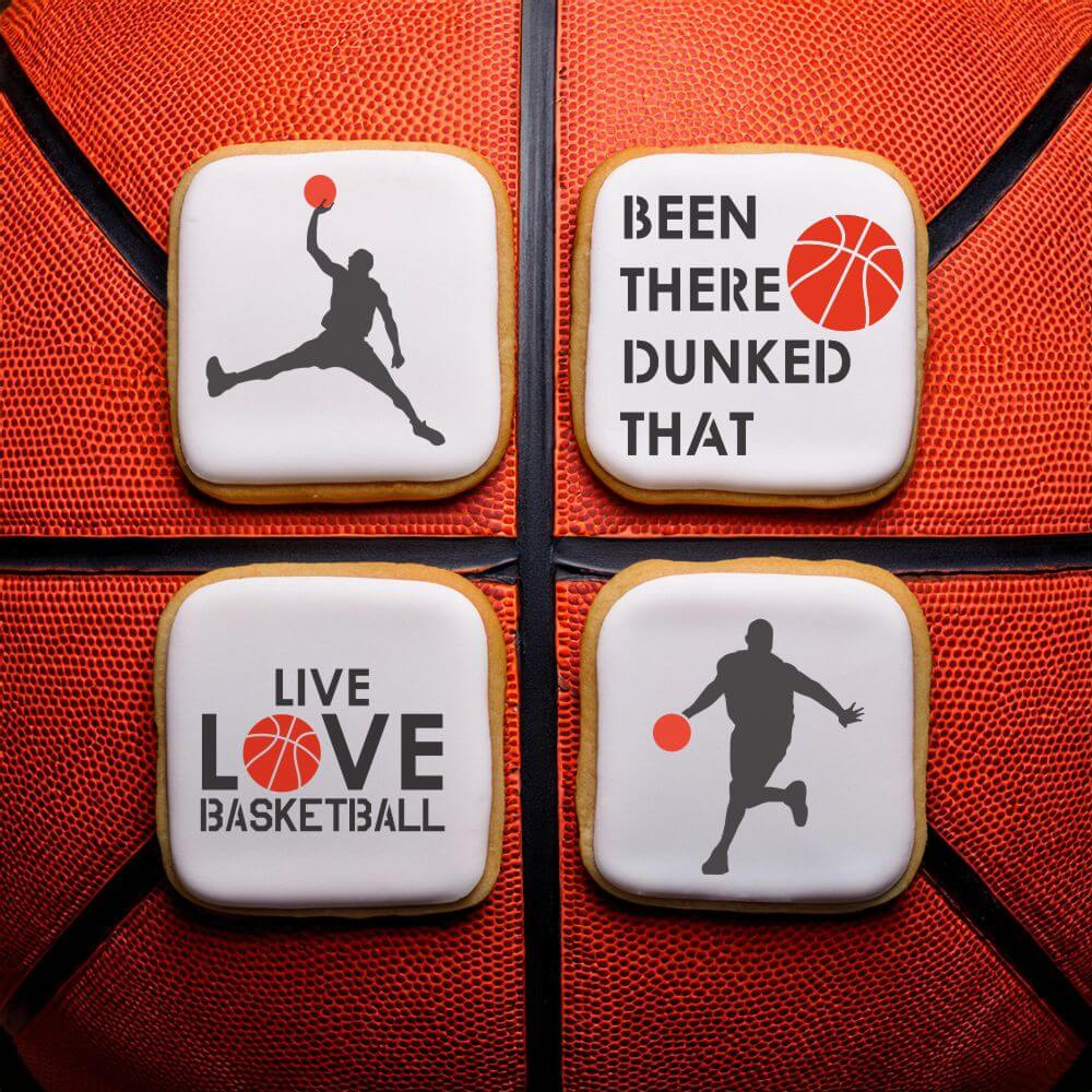 Basketball-themed cookie designs featuring playful phrases and silhouettes on a basketball background.