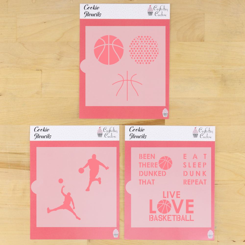 Basketball cookie stencil bundle featuring various designs on pink sheets for themed parties.