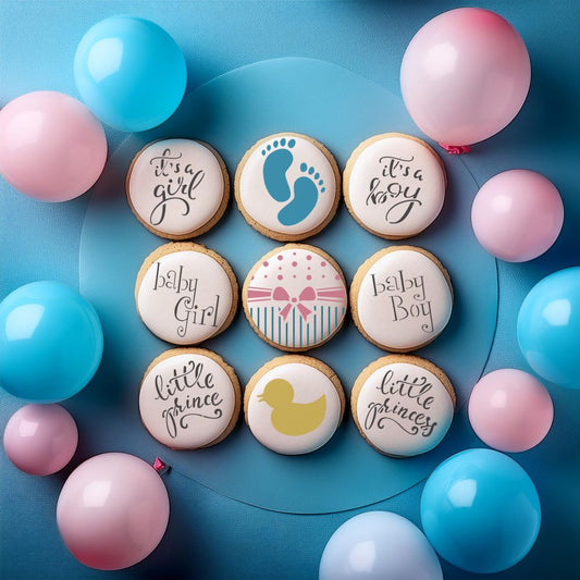 Baby Cookie Stencils applied to round cookies for a Baby Shower