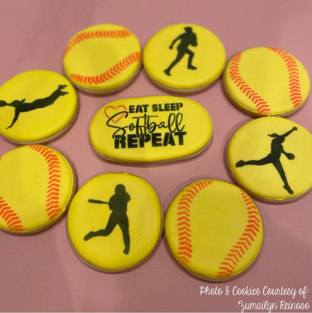 Cookies decorated with the Softball Cookie Stencil Bundles