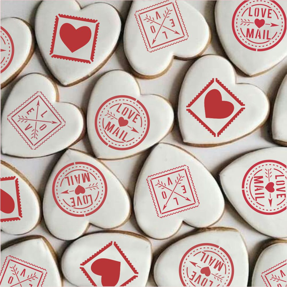 Heart Shaped Cookies stenciled with Valentine Stamps Cookie Stencil Bundle