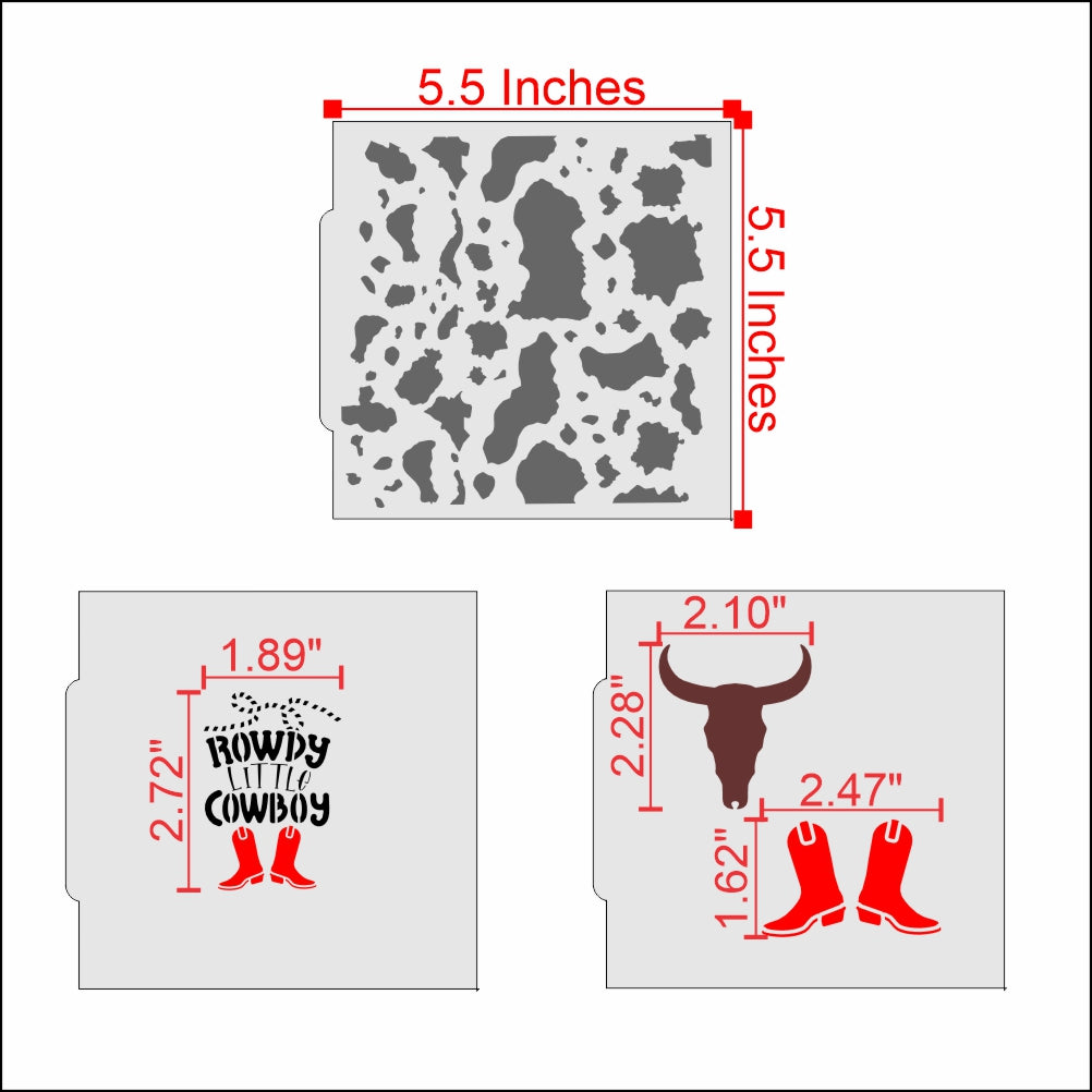 Measurements for the Cowboy Birthday Party Cookie Stencil 3 Piece Set