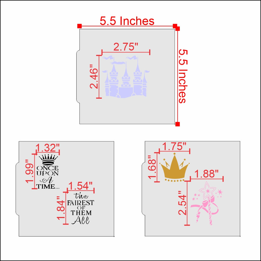 Measurements for the Princess Birthday Party Cookie Stencil 3 Piece Set