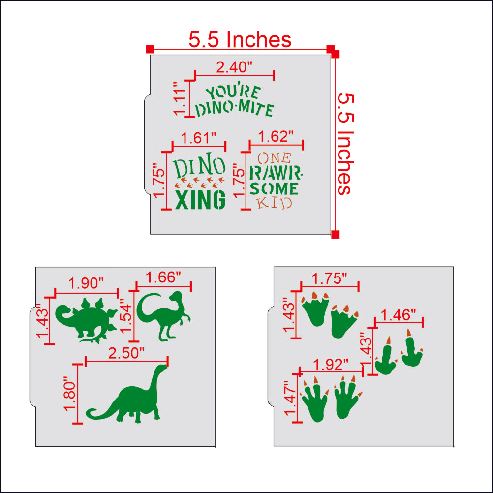 Measurements for the Dinosaur Birthday Party Cookie Stencil 3 Piece Set