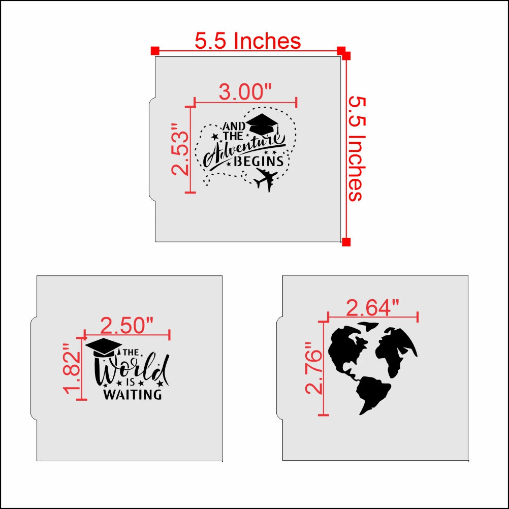 Measurements for the Adventure Graduation Cookie Stencil Set