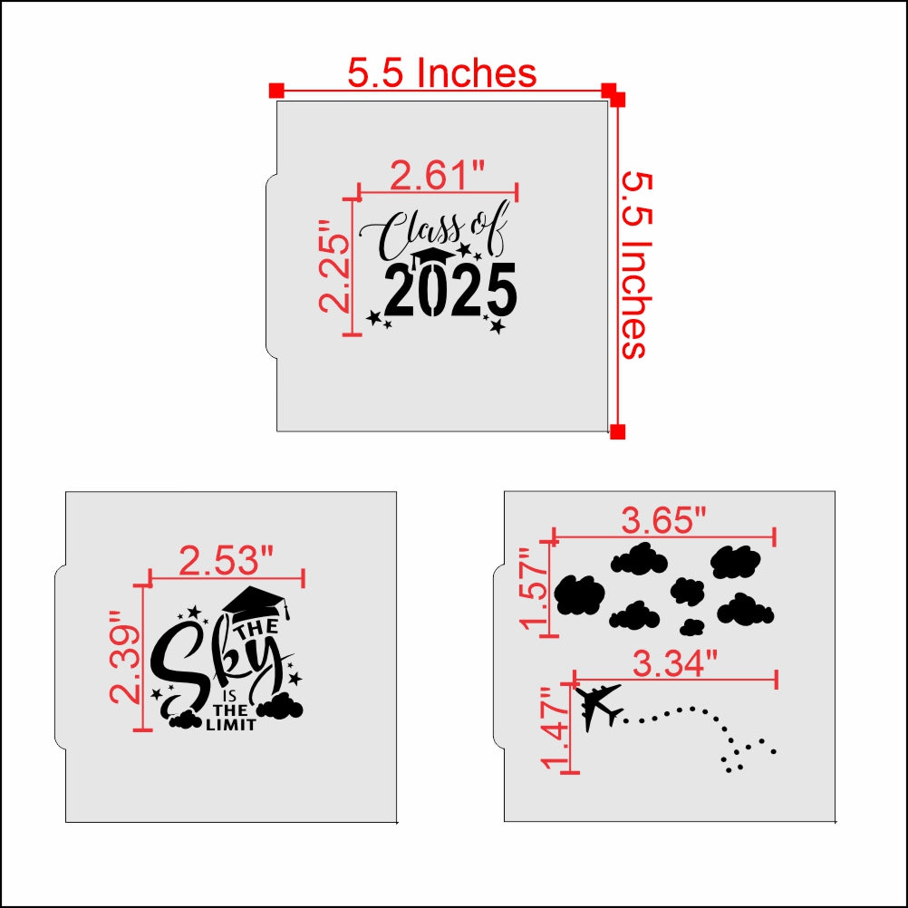 Measurements for the Adventure Graduation Cookie Stencil Set