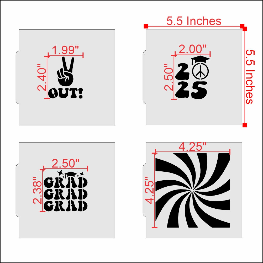 Measurements for the Peace Out Graduation Cookie Stencil 4 Piece Set