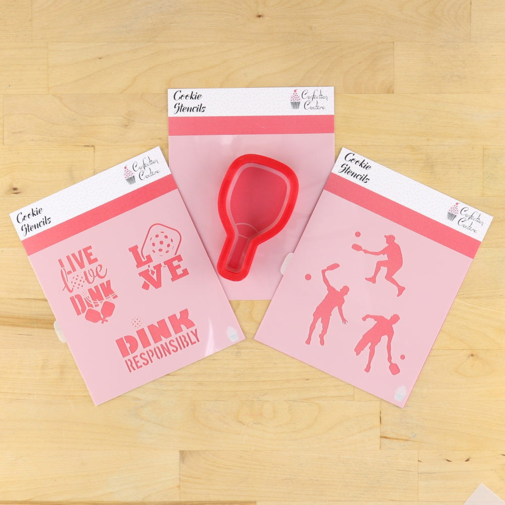 Men's Pickleball Cookie Stencil Bundle with matching pickleball paddle cookie cutter