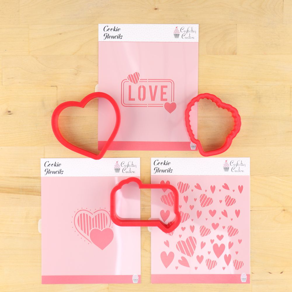 Valentine Hearts Cookie Stencil Bundle With Matching Cookie Cutters