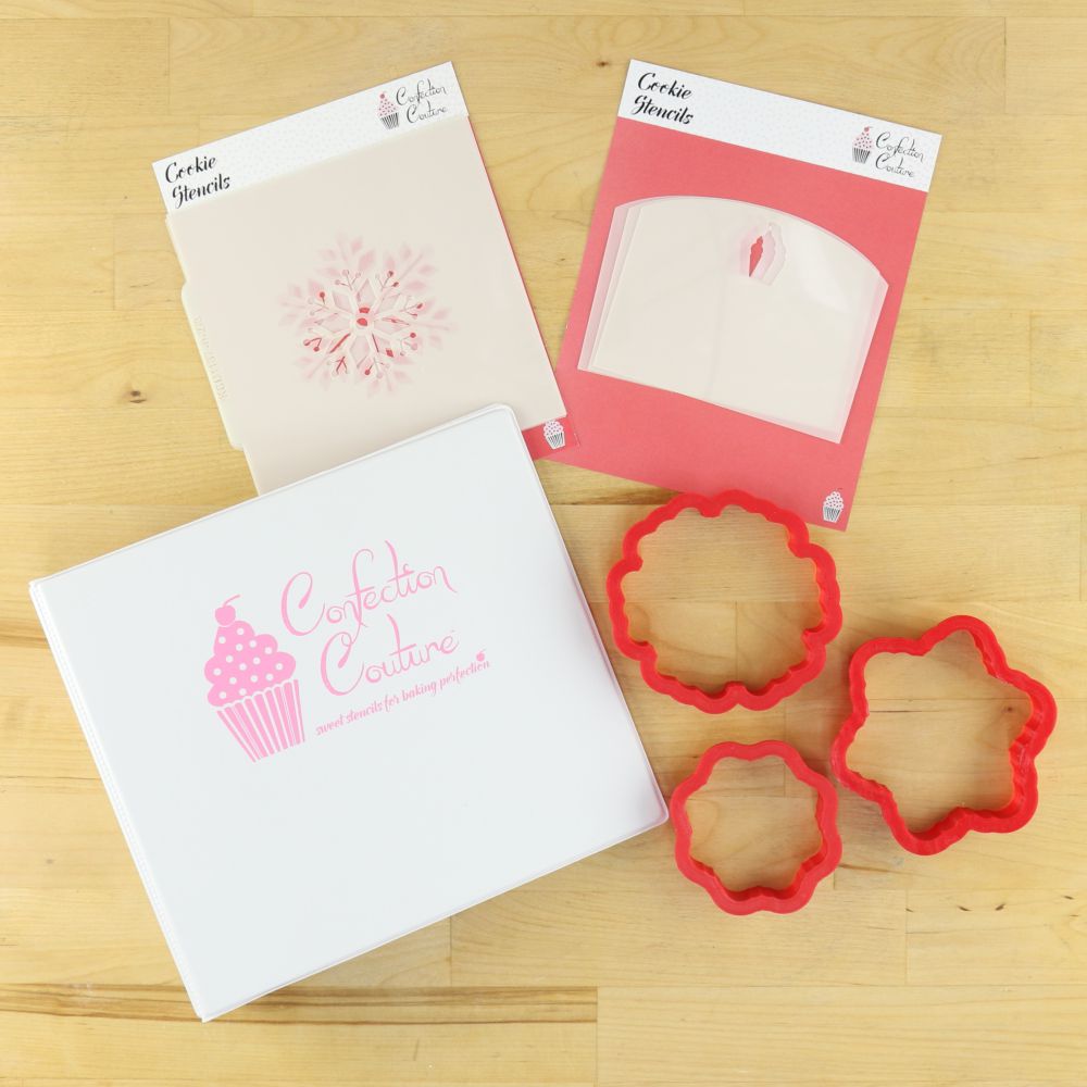 Snowflakes Holiday Project Box with cookie cutters and stencils for holiday cookie decorating.