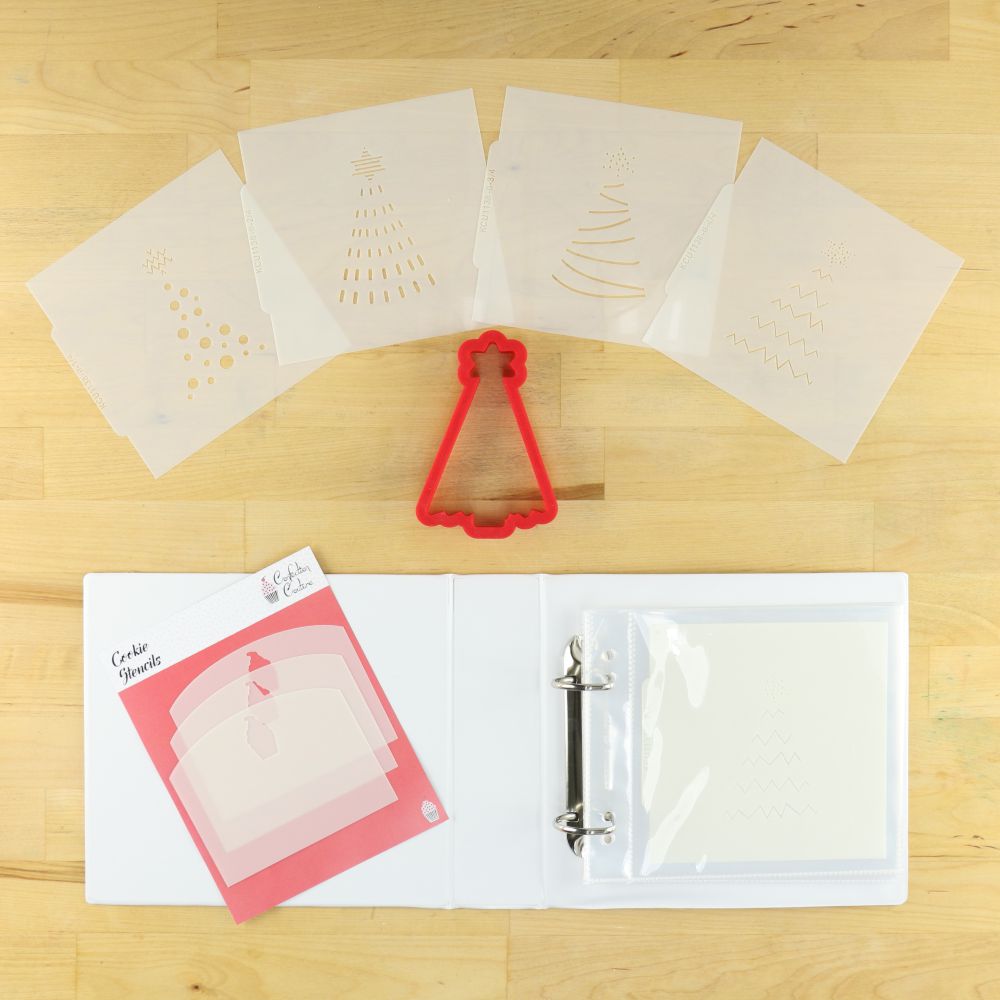 Christmas Tree Holiday Project Box with cookie cutter and stencils for festive decorated cookies.
