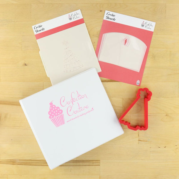 Christmas Tree cookie project box with cookie cutter and stencils for decorating with royal icing.