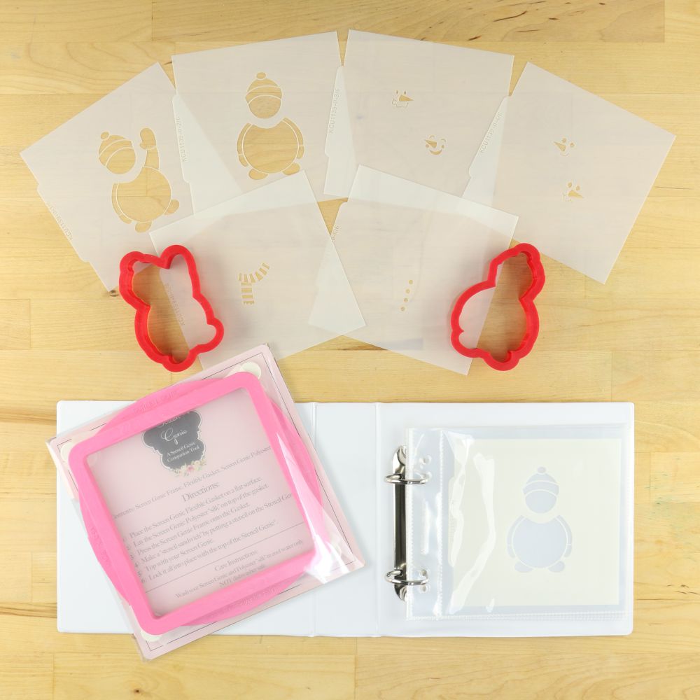 Snowman Holiday Project Box with cookie cutters, stencils, and storage album for festive cookie decorating.