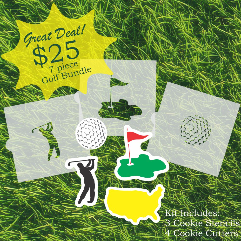 Mastered It Golf Cookie Stencil Kit with 3 stencils and 4 cookie cutters on grass background.