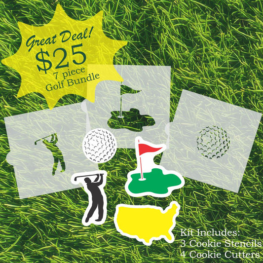 Mastered It Golf Cookie Stencil Kit with 3 stencils and 4 cookie cutters on grass background.