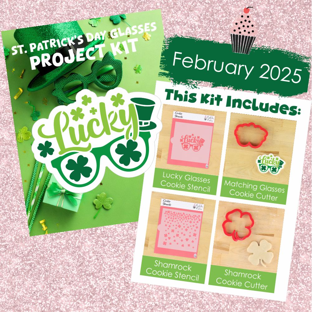 St. Patrick's Day project kit featuring lucky glasses stencil, cookie cutters, and festive decorations.