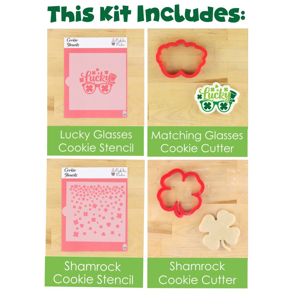 St. Patrick's Day project kit includes stencils and cookie cutters for festive cookie decorating.