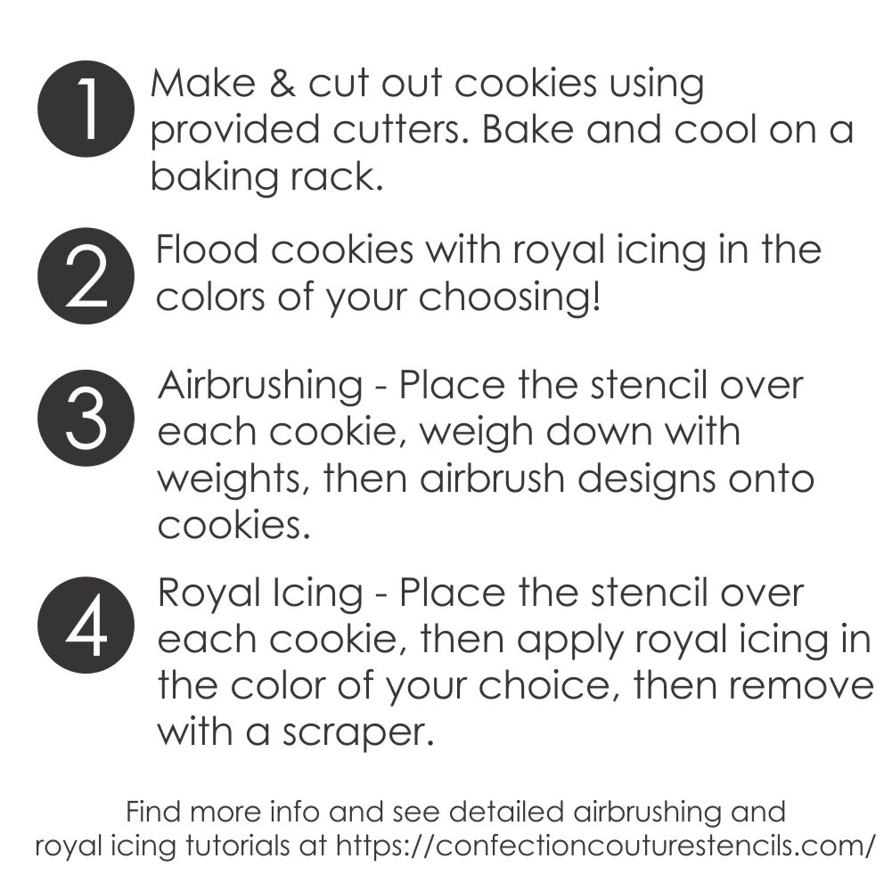 Instructions for decorating cookies with stencils, royal icing, and airbrushing using the St. Patrick's Day Project Kit.