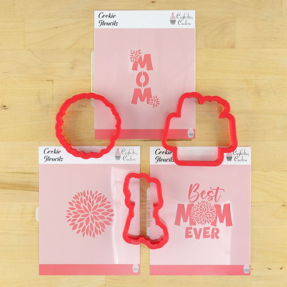 ChrysantheMOM Project Kit featuring cookie stencils and flower-shaped cutters for Mother's Day cookie decorating.