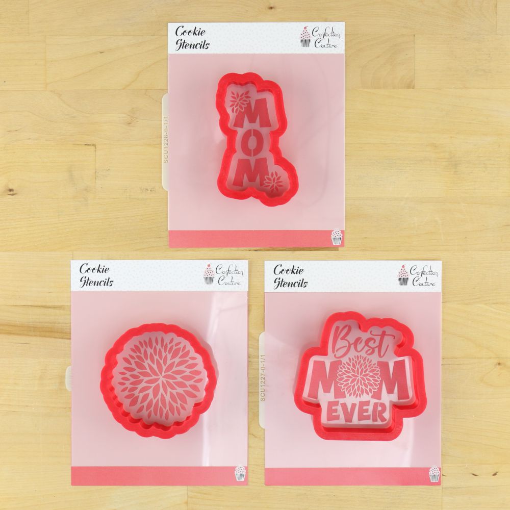 Set of three cookie stencils and cutters for MOM themed decorations in the ChrysantheMOM Project Kit.