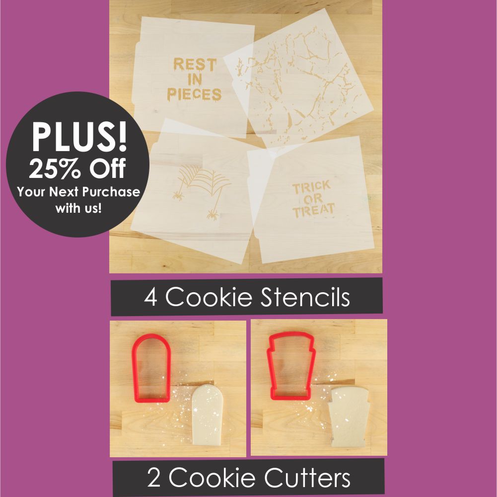 Promotional image of cookie stencils and cutters with text overlay on a purple background.