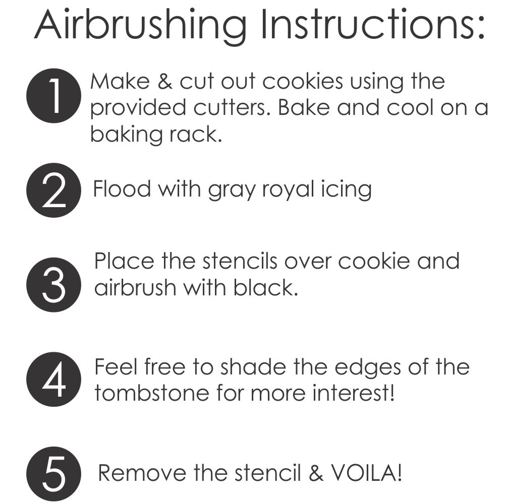 Step-by-step airbrushing instructions for decorating cookies with gray royal icing and black airbrushing.