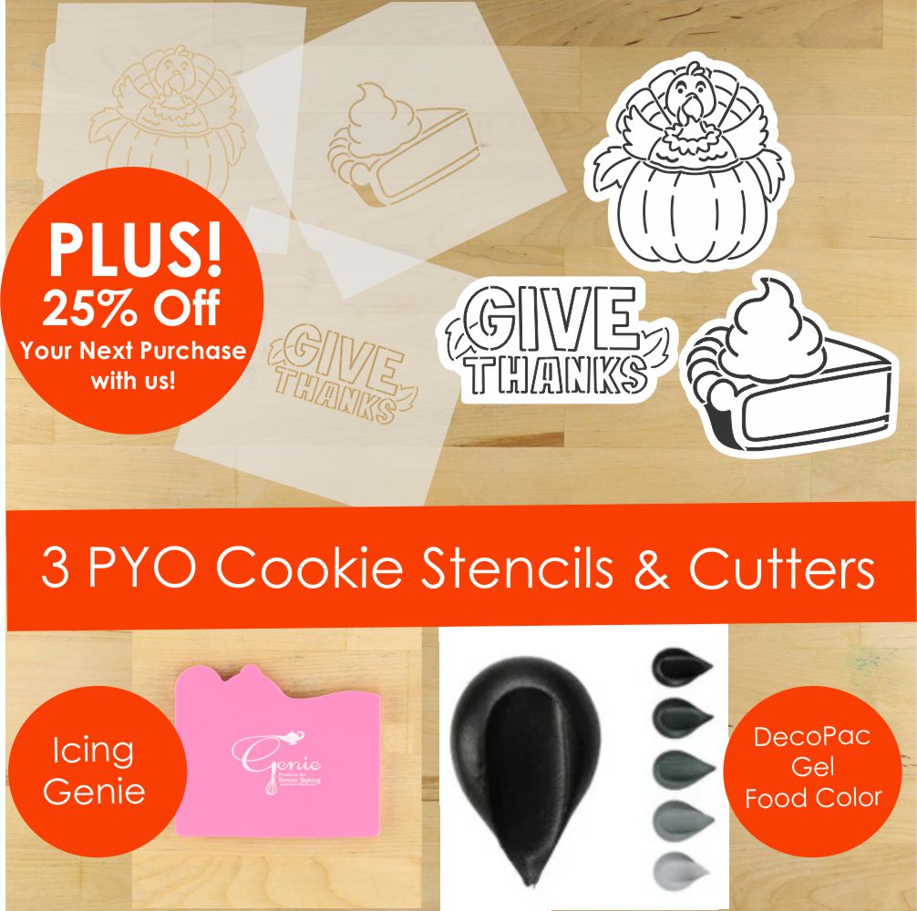PYO cookie stencils and cutters with promotional text on a wooden surface