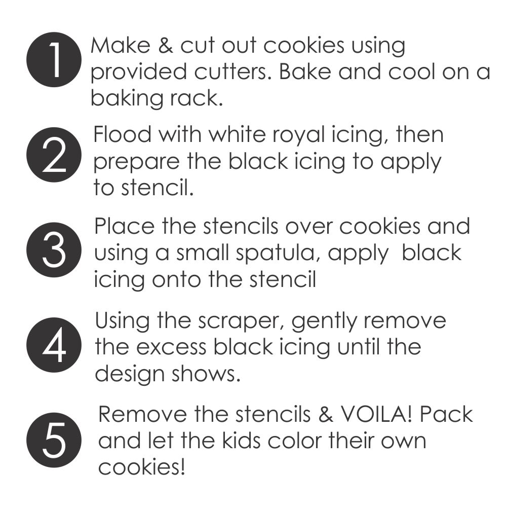 Step-by-step instructions for decorating cookies with icing on a white background