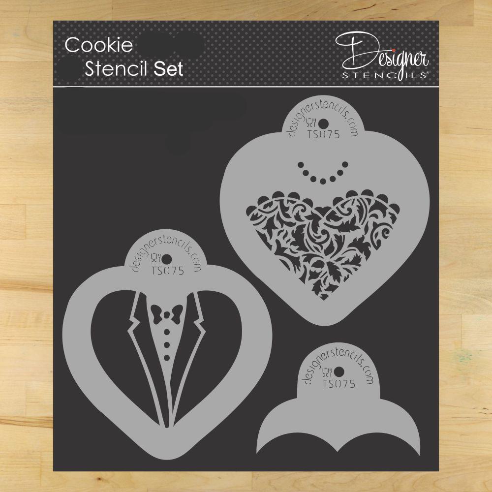 Bride and Groom Cookie Stencil Set featuring heart designs and tuxedo shapes by Designer Stencils.