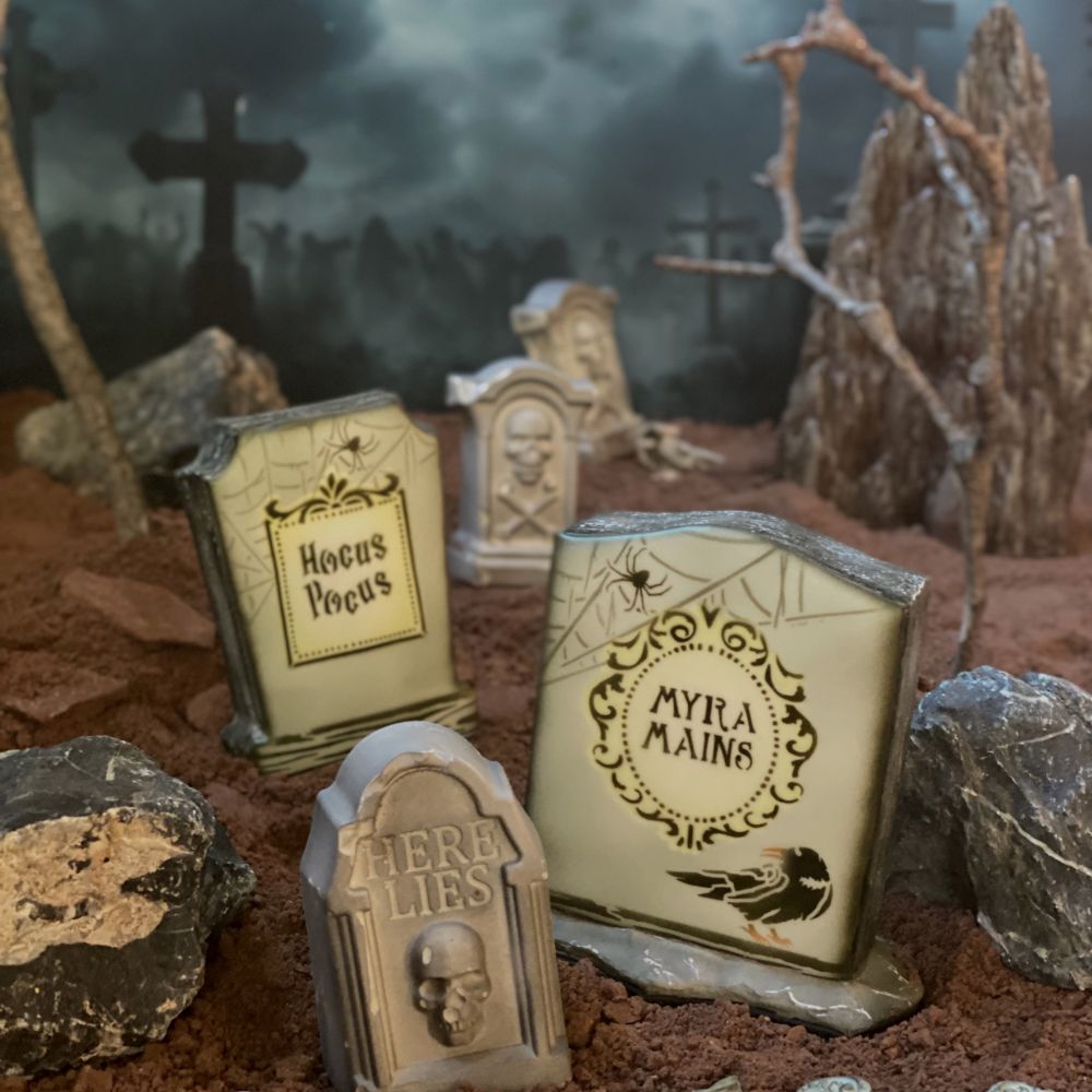 Tombstone Cookies decorated with Julia's Kitchen Club Halloween Tombstone Kit