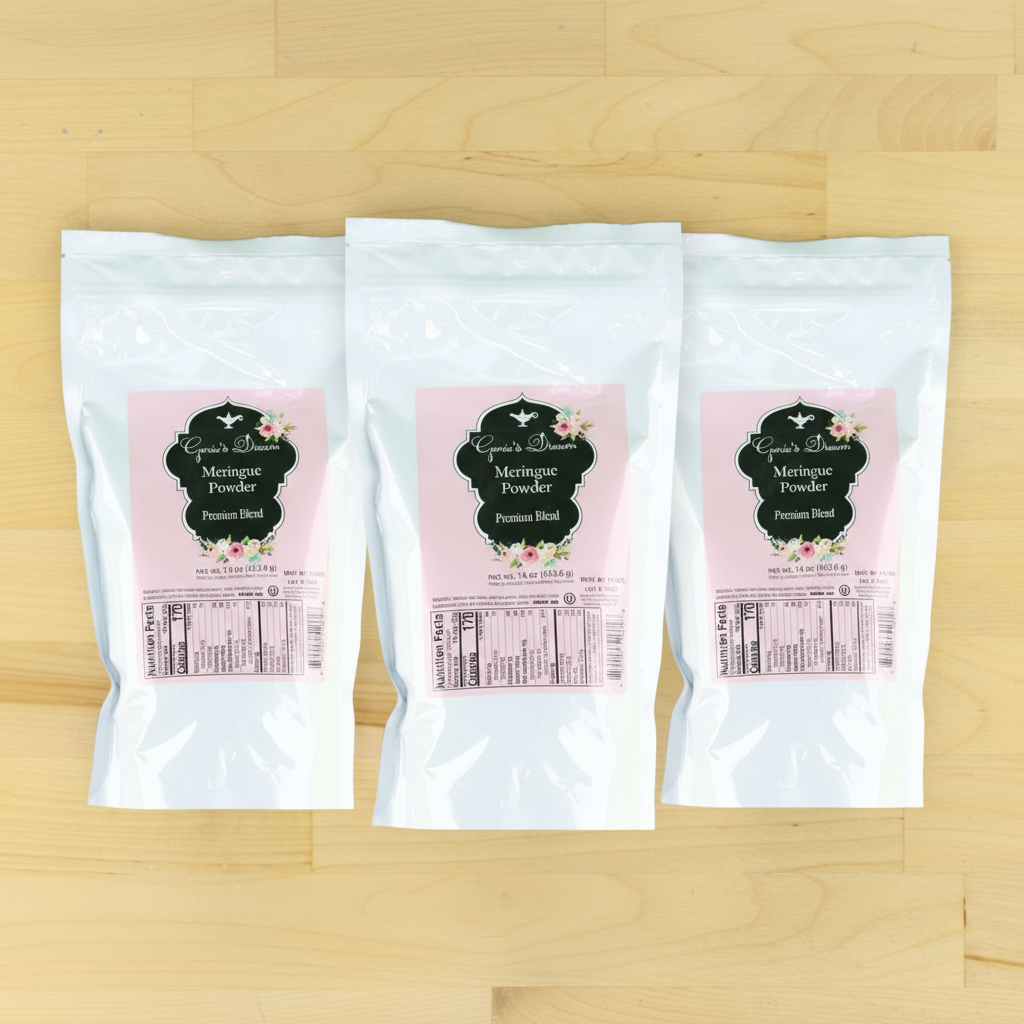 Three packages of Genie's Dream Meringue Powder on a wooden surface