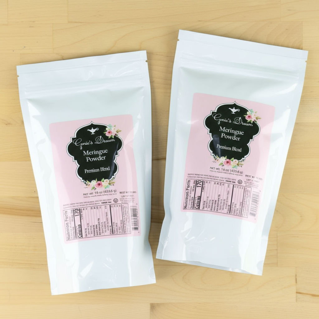 Two packages of meringue powder on a wooden surface