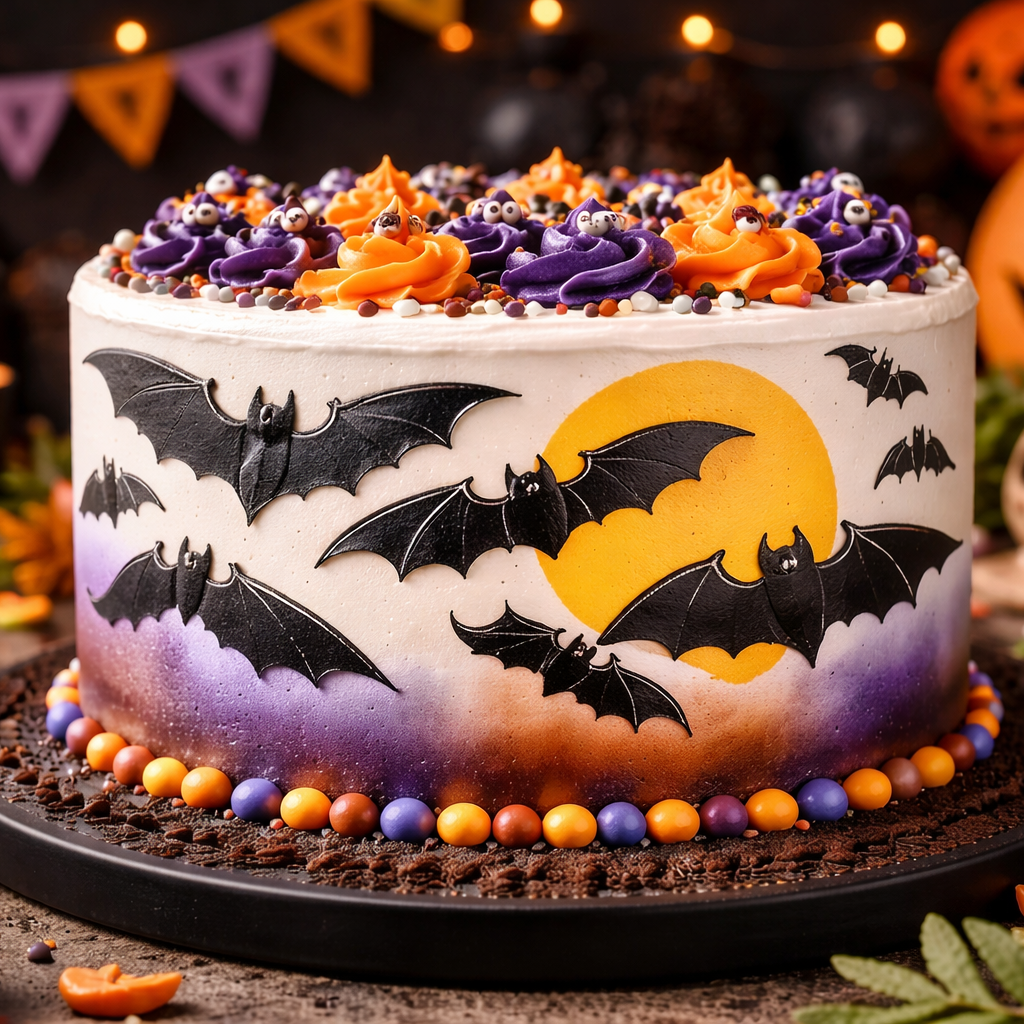 Halloween-themed cake with bats, moon, and pumpkins on a dark background.
