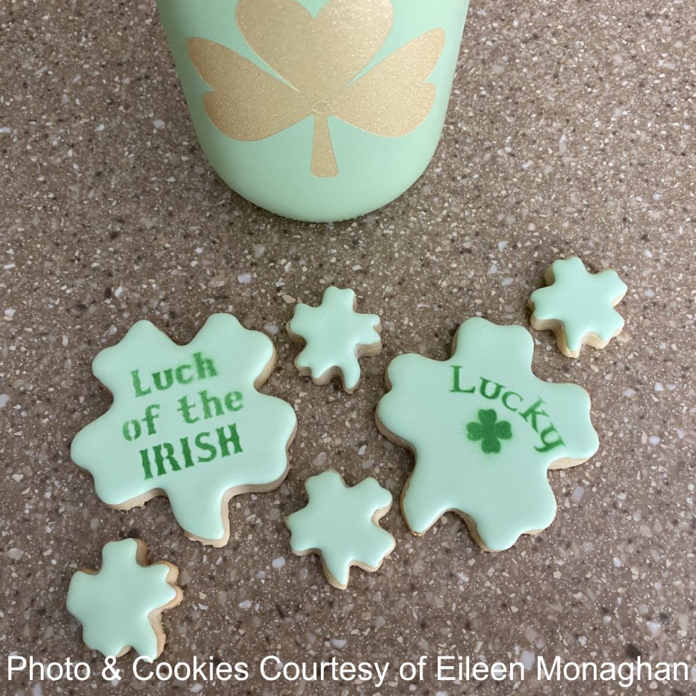 St. Patrick's Day Cookie Stencil airbrushed onto shamrock cookie cutters by Eileen Monaghan