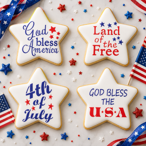 Star-shaped cookies with 4th of July-themed text on a decorative background with American flags and stars.
