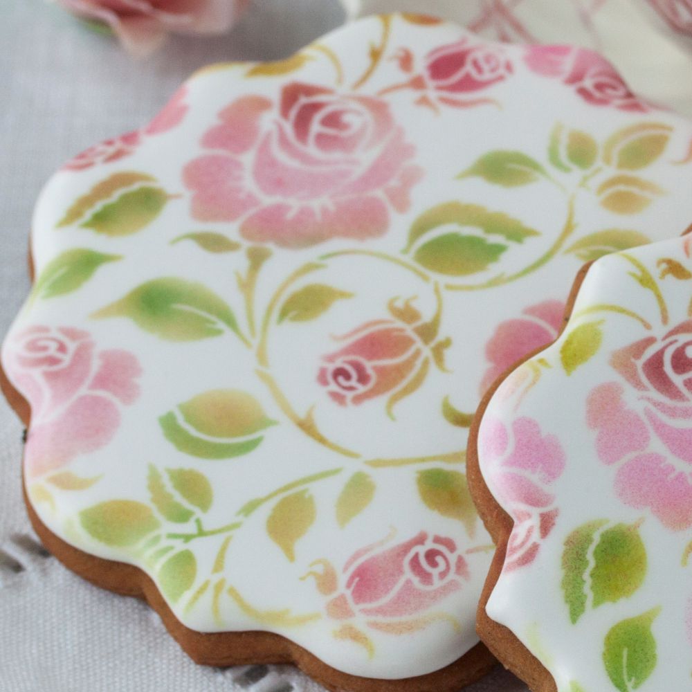 Rosebud Trellis Background Cookie Stencil on Nottingham Cookie Cutter