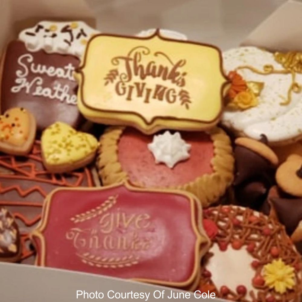 Cookies decorated using the Give Thanks Message Cookie Stencils