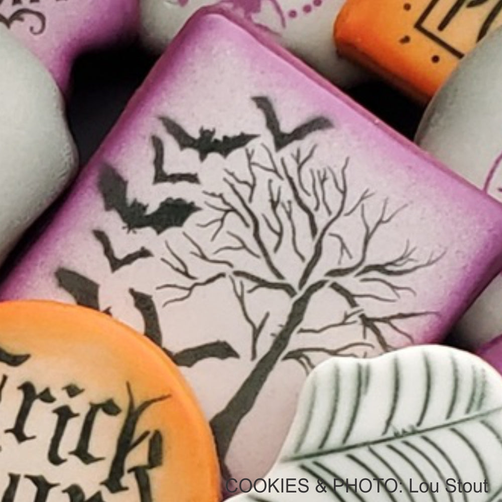 After Midnight Halloween Cookie Stencil  airbrushed onto cookies for Halloween by Lou Stout