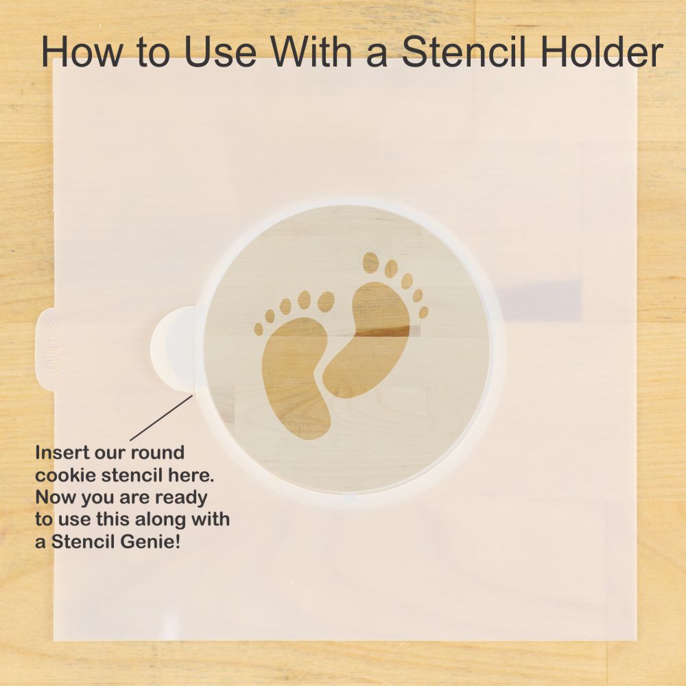Instructions on how to use a stencil holder with a round cookie stencil on a wooden surface.