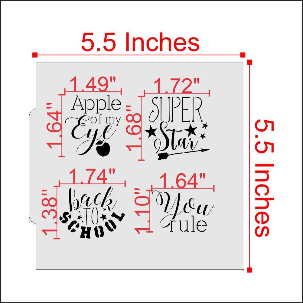 Measurements for the Back to School Messages Cookie Stencil