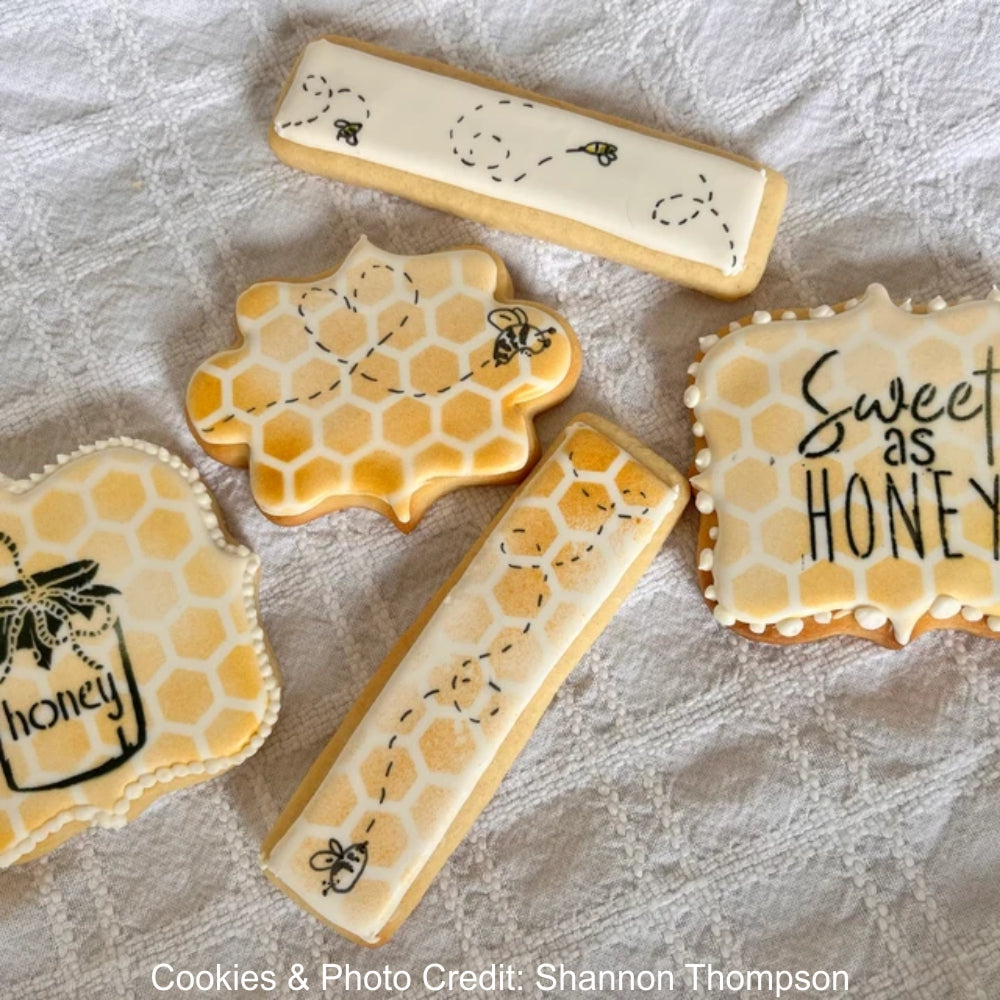 VINTAGE STYLE HONEY BEE COOKIES BY Shannon Thompson USING CONFECTION COUTURE STENCILS