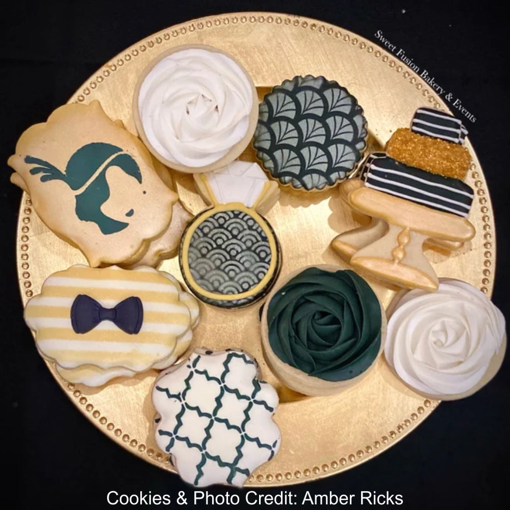 Nouveau Fan Cookie Stencil airbrushed onto cookies by Amber Ricks