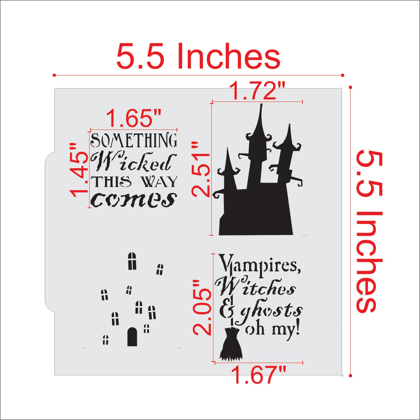 Measurements for the Haunted House Halloween Cookie Stencil