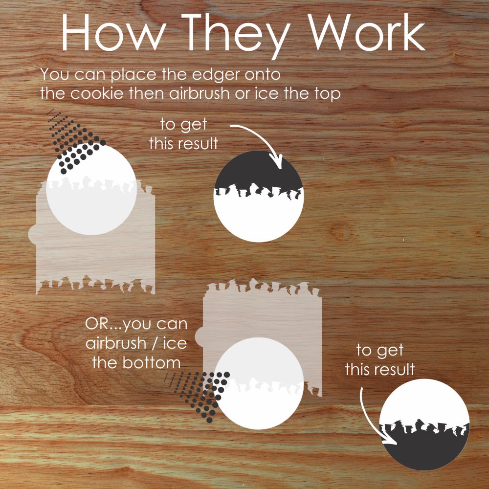 Graphic on how to decorate cookies using the Graduates Cookie Stencil Edger