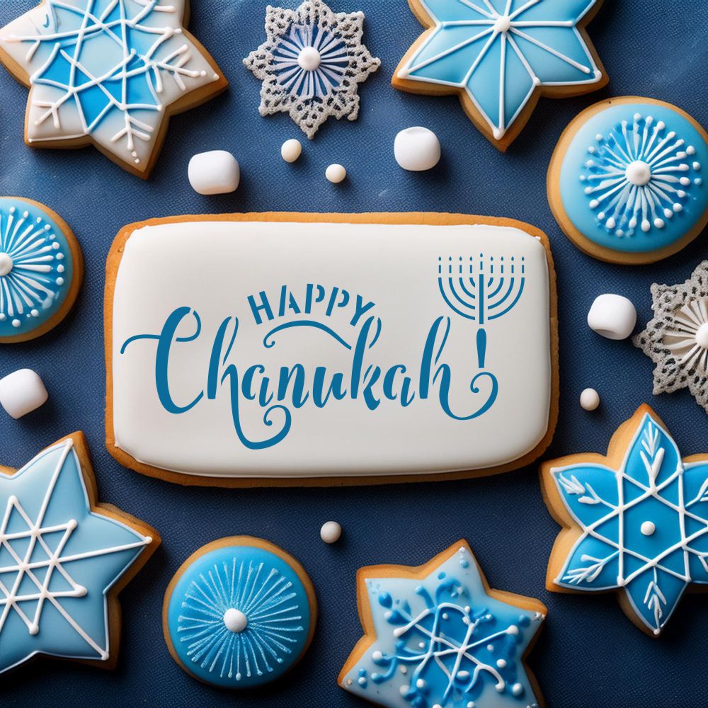 Cookie decorated using the Happy Hanukkah Message Stencil