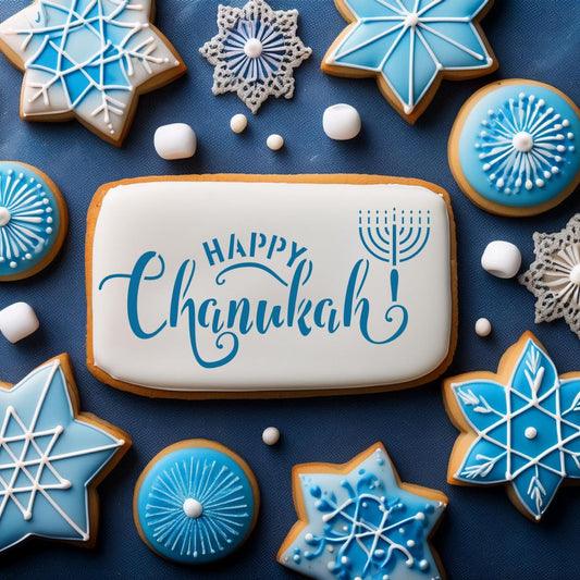 Cookie decorated using the Happy Hanukkah Message Stencil