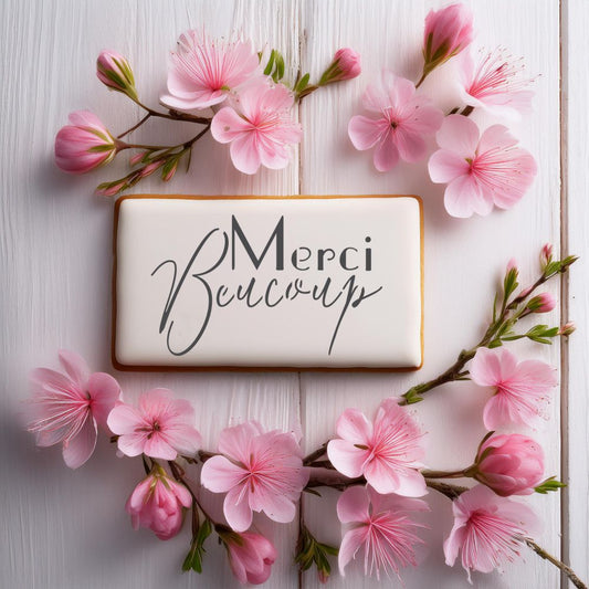 Cookie decorated using the Merci Beaucoup Cookie Stencils