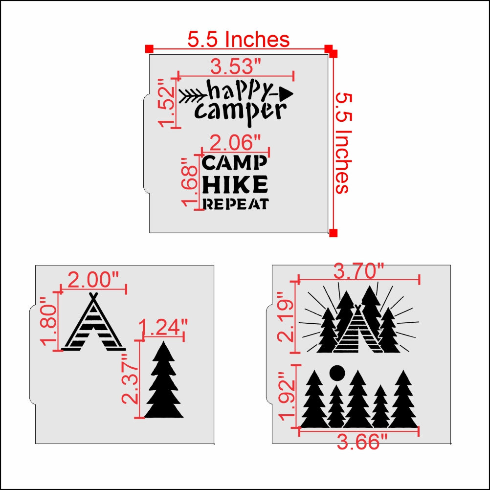 Measurements for the Happy Camper 3 Piece Cookie Stencil Set